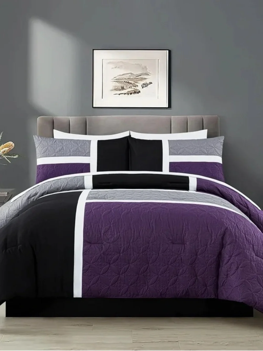 Modern Geometric Black, Purple & Gray Queen 3 piece Comforter Set